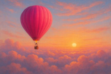 Fototapeta premium A Pink Hot Air Balloon Soars Over a Cloudy Sky at Sunset