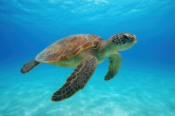 Obraz premium A solitary sea turtle gracefully swims through the vast expanse of the ocean's blue waters