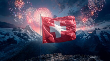 Swiss Flag with Fireworks over Mountain Landscape