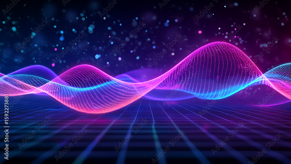 Poster glowing waves of light flow across a digital grid, creating an abstract futuristic background