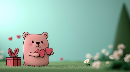 Whimsical Cartoon Scene Featuring a Cute Bear Holding Hearts in a Dreamy Environment