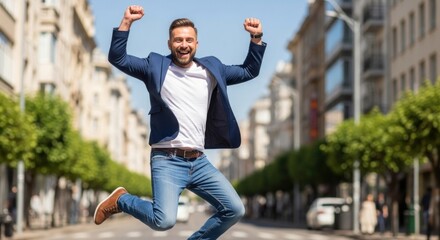 A man jumping in the air with his arms raised in excitement.