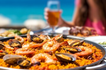 Seafood paella in the coastline restaurant 