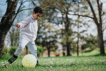 A happy young boy wearing casual attire playing with a soccer ball in a lush park surrounded by...