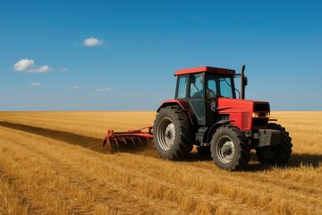 A Red Tractor Tills the Golden Wheat Fields Under a Clear Blue Sky