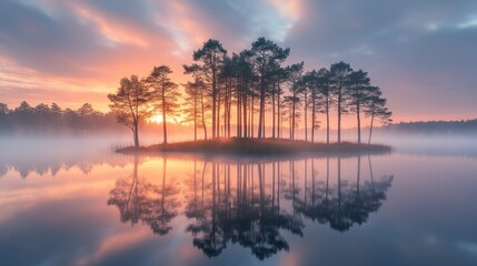 Misty Sunrise Island Reflection
