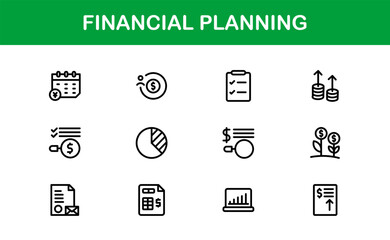 Financial Planning Line Icon Collection – Unique, creative, and premium outline icons featuring concepts of money management, finance, and economic planning