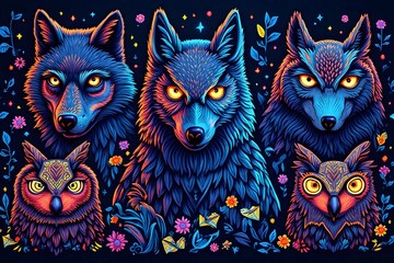 A picture of Luminous Pack Wolves and Owls in Neon Flora