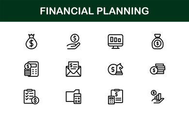 Financial Planning Line Icon Collection – Unique, creative, and premium outline icons featuring concepts of money management, finance, and economic planning