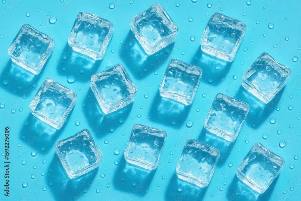 Poster a refreshing array of transparent ice cubes on a blue background, symbolizing coolness and refreshme