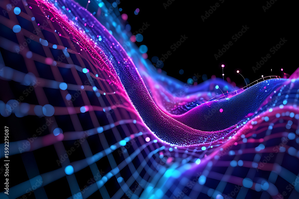 Poster a vibrant mesh of digital data waves flows across a dark background, representing the intricate netw