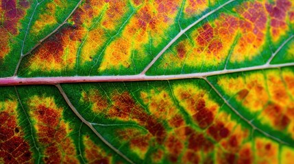 Detailed close-up view of a leaf's intricate vein structure and vibrant autumnal colors.