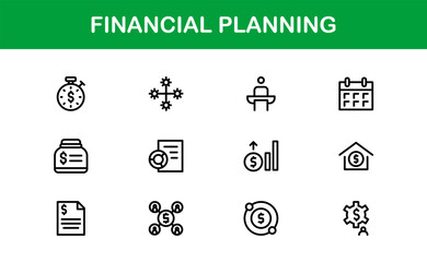 Financial Planning Line Icon Collection – Unique, creative, and premium outline icons featuring concepts of money management, finance, and economic planning
