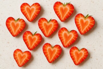 Obraz premium A delightful arrangement of heart-shaped strawberries on a white background, symbolizing love and affection