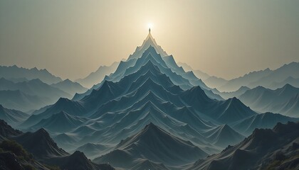   a majestic mountain peak, looking out at a vast expanse of hazy, undulating mountain ranges under a bright, distant sun, conveying triumph and solitude.