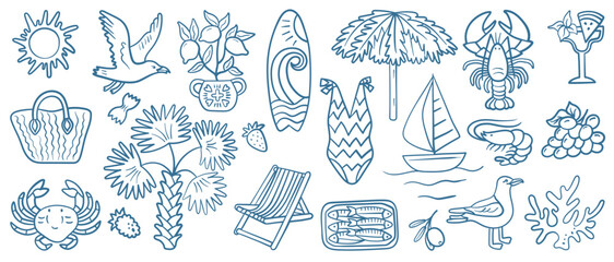 Set of hand-drawn summer travel doodles in a vintage look. Includes beach accessories, marine animals, palm trees, fruits, sea elements. Perfect for coastal design, packaging, seasonal decoration.