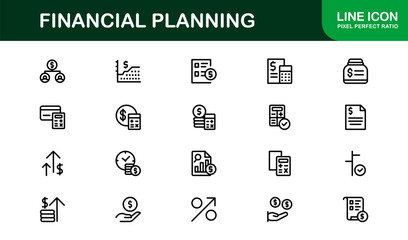 Financial Planning Line Icon Collection – Unique, creative, and premium outline icons featuring concepts of money management, finance, and economic planning