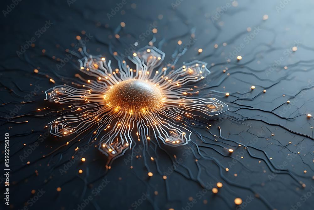 Poster a glowing neural network with interconnected nodes radiates outwards, symbolizing advanced artificia