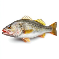 Fototapeta premium Freshly Caught Silver Perch Fish Isolated on White Background, Close-up Studio Shot of Raw Fish with Yellow Fins and Scales, Seafood Concept