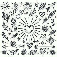 Hand drawn flower heart cloud sunburst thunderbolt for concept design