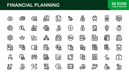 Financial Planning Line Icon Collection – Unique, creative, and premium outline icons featuring concepts of money management, finance, and economic planning