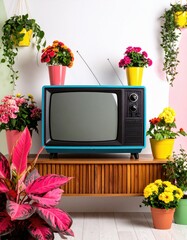 Retro TV surrounded by colorful potted plants