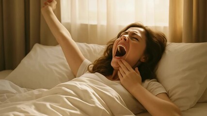 Morning routine of a young woman stretching and yawning in a cozy bedroom after waking up - Powered by Adobe