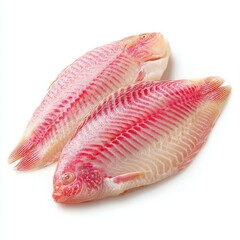 Two Fresh Raw Red Tilapia Fish Fillets Isolated on White Background, Ready for Cooking, Healthy Eating and Seafood Concept, Top View