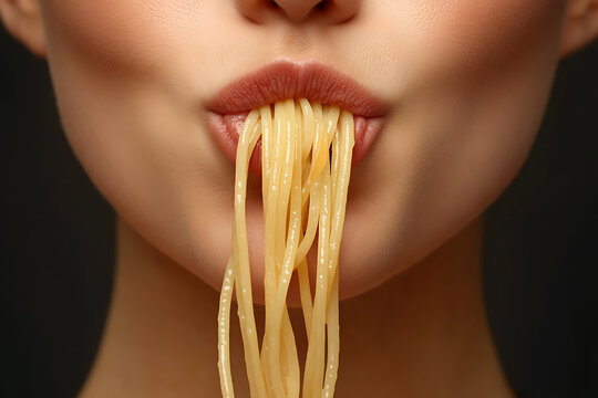 Close-up of a person's mouth eating noodles, highlighting the textures and colors. Captures the simple pleasure of indulging in a comforting meal.