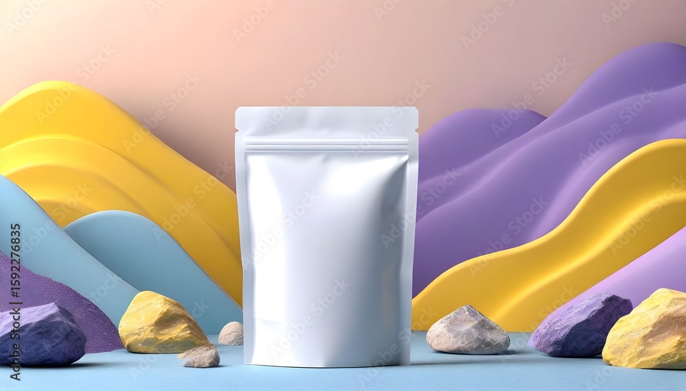 Poster a blank white pouch stands centered against a colorful abstract background with rocks.