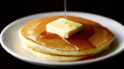 Buttered pancakes with syrup being drizzled.