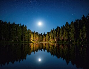 Night sky reflecting on a lake, surrounded by trees