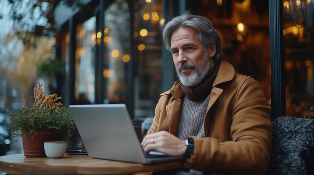 Man works on laptop at outdoor cafe. Lifestyle, digital nomad, entrepreneurship, mature, travel. Editorial, web, advertising.