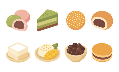 Assorted asian desserts: mochi, cake, sesame ball, tofu, mango, red bean, macaron