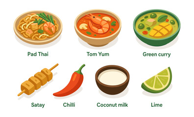 Traditional thai cuisine dishes and ingredients with pad thai and tom yum