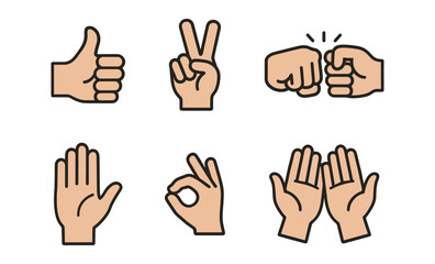 Fototapeta premium Illustrated hand gestures collection featuring thumbs up and peace sign
