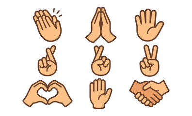 Diverse hand gestures: clapping, praying, peace, love, handshake icons