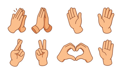 Illustrated hand gesture icons featuring various expressions and sign language symbols