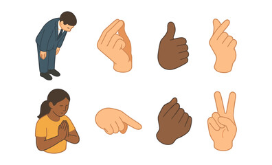 Diverse gestures and expressions: bows and hand signs across cultures