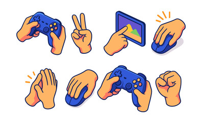 Colorful illustration of hands with game controller, mouse, gestures, and tablet interaction