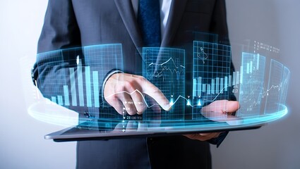 Businessman interacting with futuristic holographic financial data suit tablet