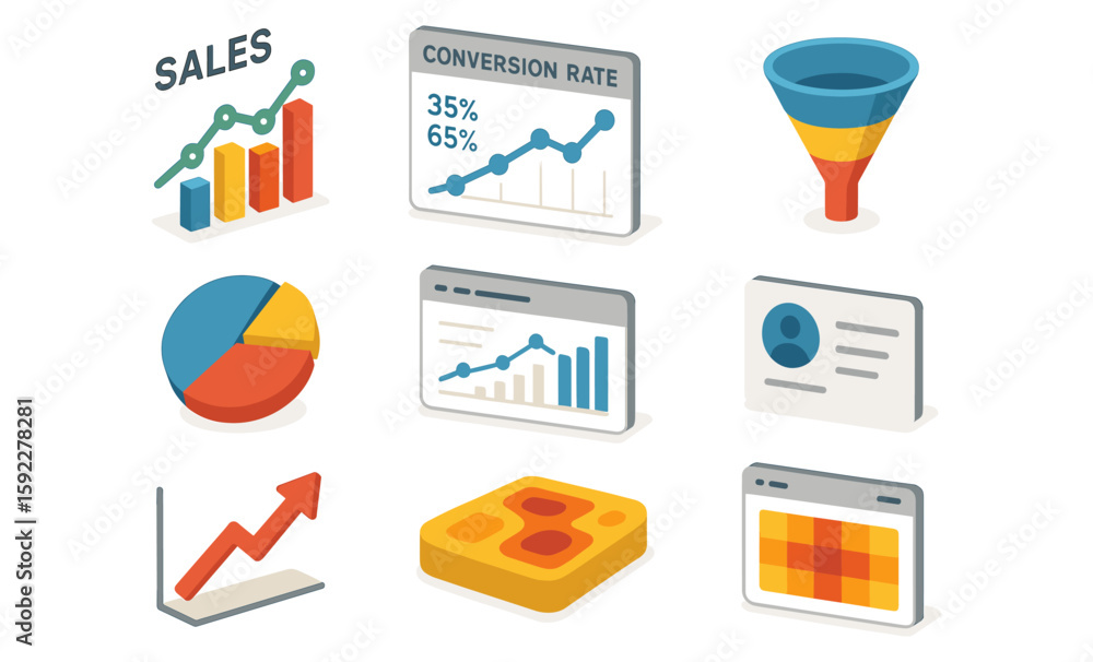 Aufkleber isometric business analytics elements with charts and graphs for data visualization
