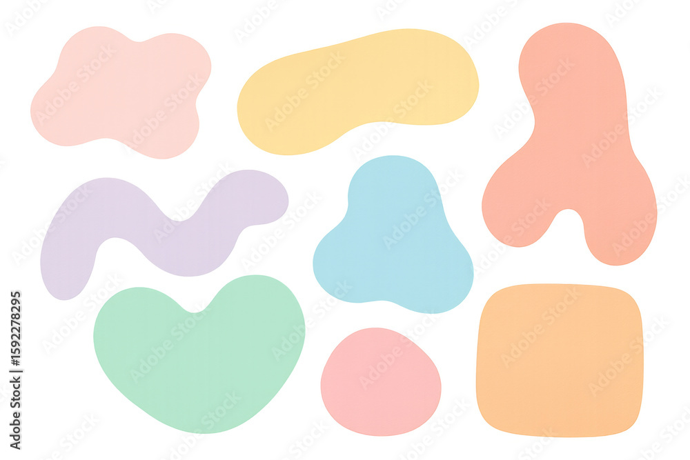 Poster modern abstract design featuring various pastel-colored irregular shapes on a transparent background