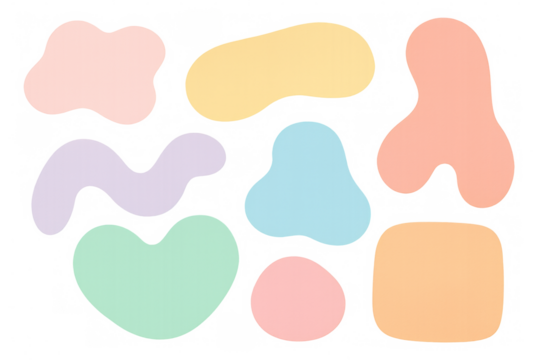 Modern abstract design featuring various pastel-colored irregular shapes on a transparent background, ideal for adding a touch of creativity to any project