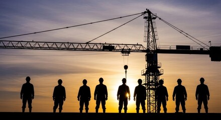 A group of construction workers standing in front of a crane at sunset.