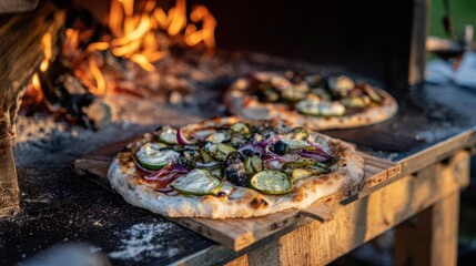 Two pizzas with vegetables are cooking in a wood-fired oven.