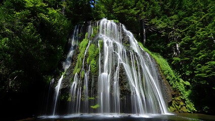Fototapeta premium Cascading waterfall surrounded by lush green forest nature trees