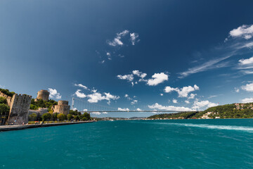 Rumeli Fortress and Fatih Sultan Mehmet K&ouml;pr&uuml;s&uuml; ,seen from the Bosphorus, Istanbul, Turkey