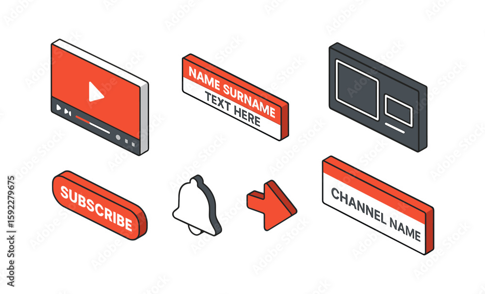 Poster online video creator assets with play button bell and subscribe graphics