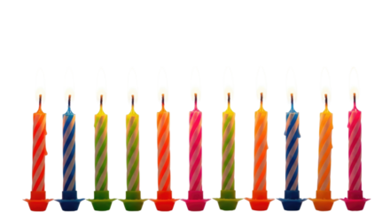 Colorful birthday candles in a line with bright flames cutout isolated on transparent bg, png